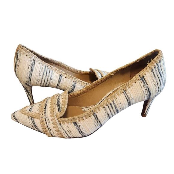 Tory Burch Heels Pumps 8 Leno Pump Nate Tweed Wheat Beige Boho - Picture 2 of 6